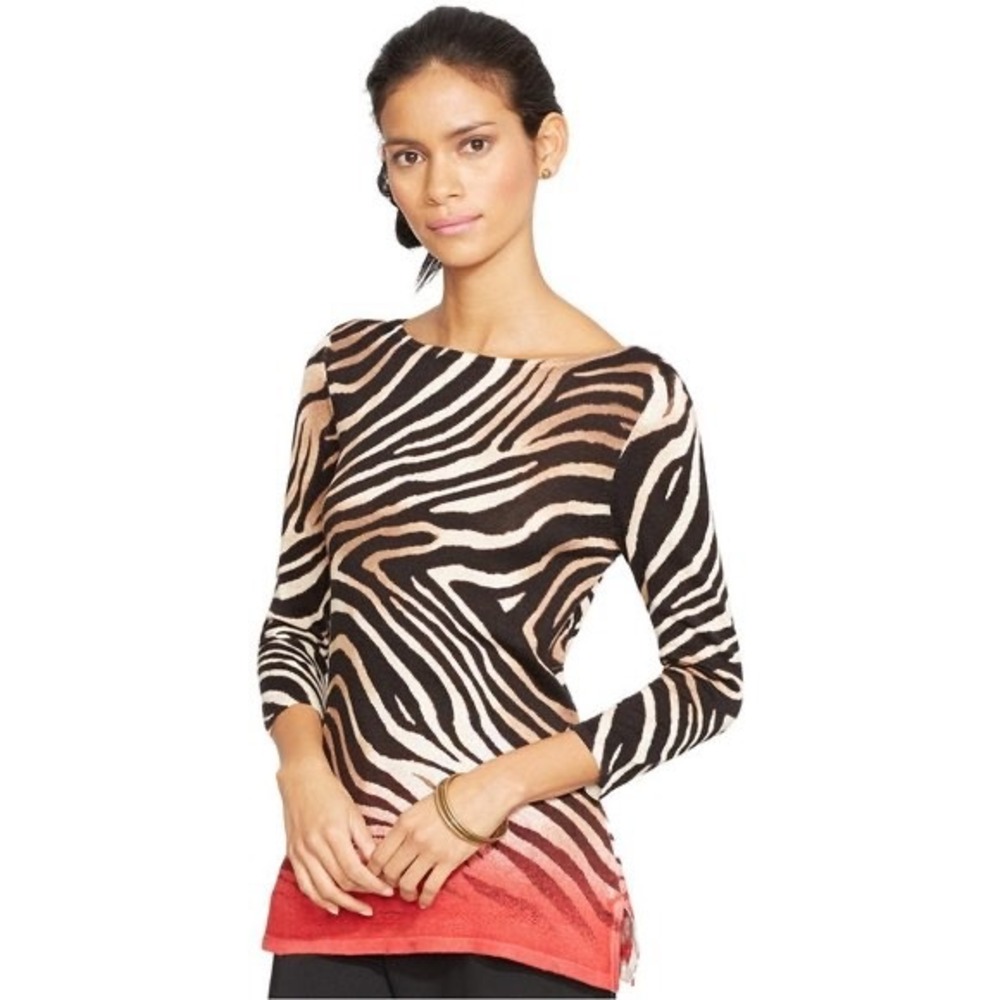 Lauren Ralph Lauren Zebra Print Ombre Linen Blend Boatneck Tunic Sweater M